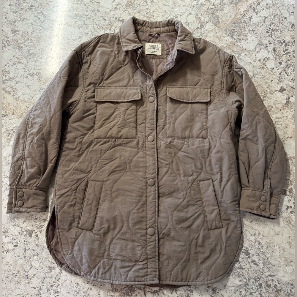 Ashley Outwear Quilted Button-Front Shacket in Olive Taupe